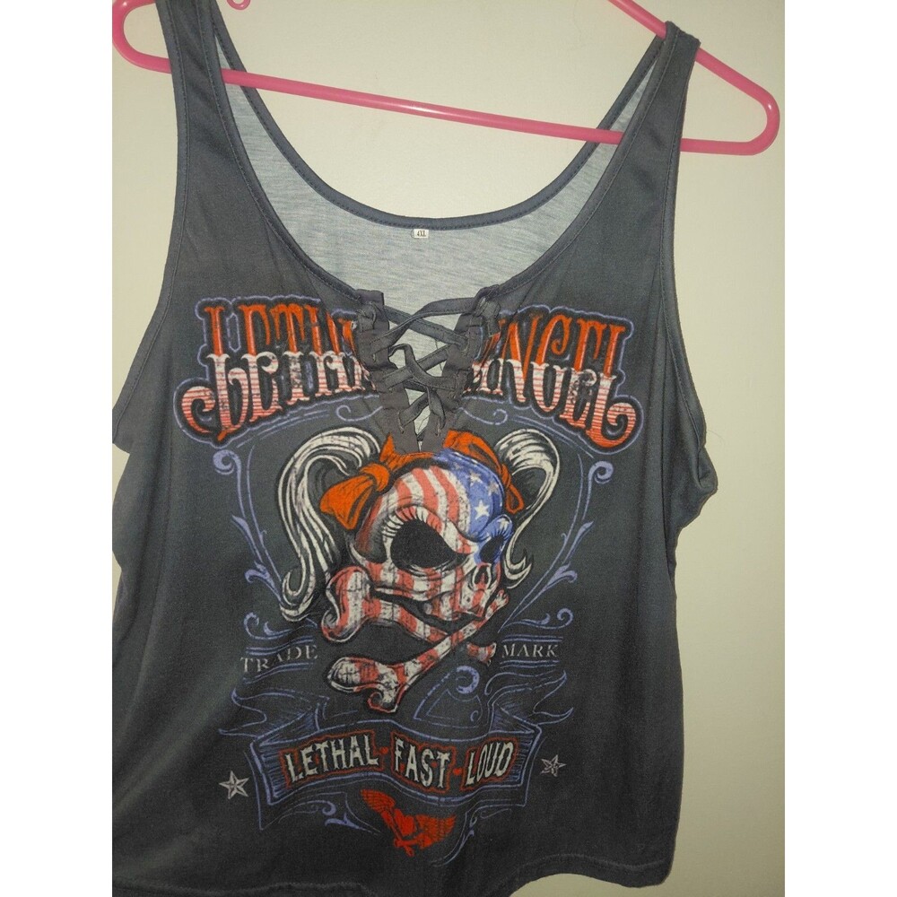 Lethal Angel Womens Black American Flag Skull Graphic Tank Top Size 4XL  #807A